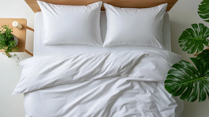 Overhead view of a neatly made double bed with white bedding and green plants beside it