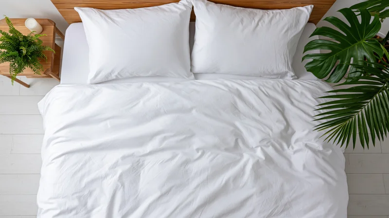 Overhead view of a neatly made double bed with white bedding and green plants beside it in a minimalist bedroom