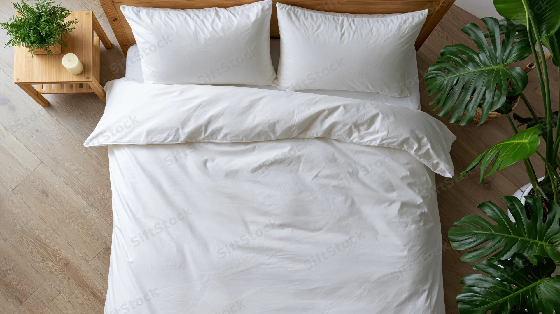 Overhead view of a neatly made double bed with white bedding and green plants in a modern bedroom
