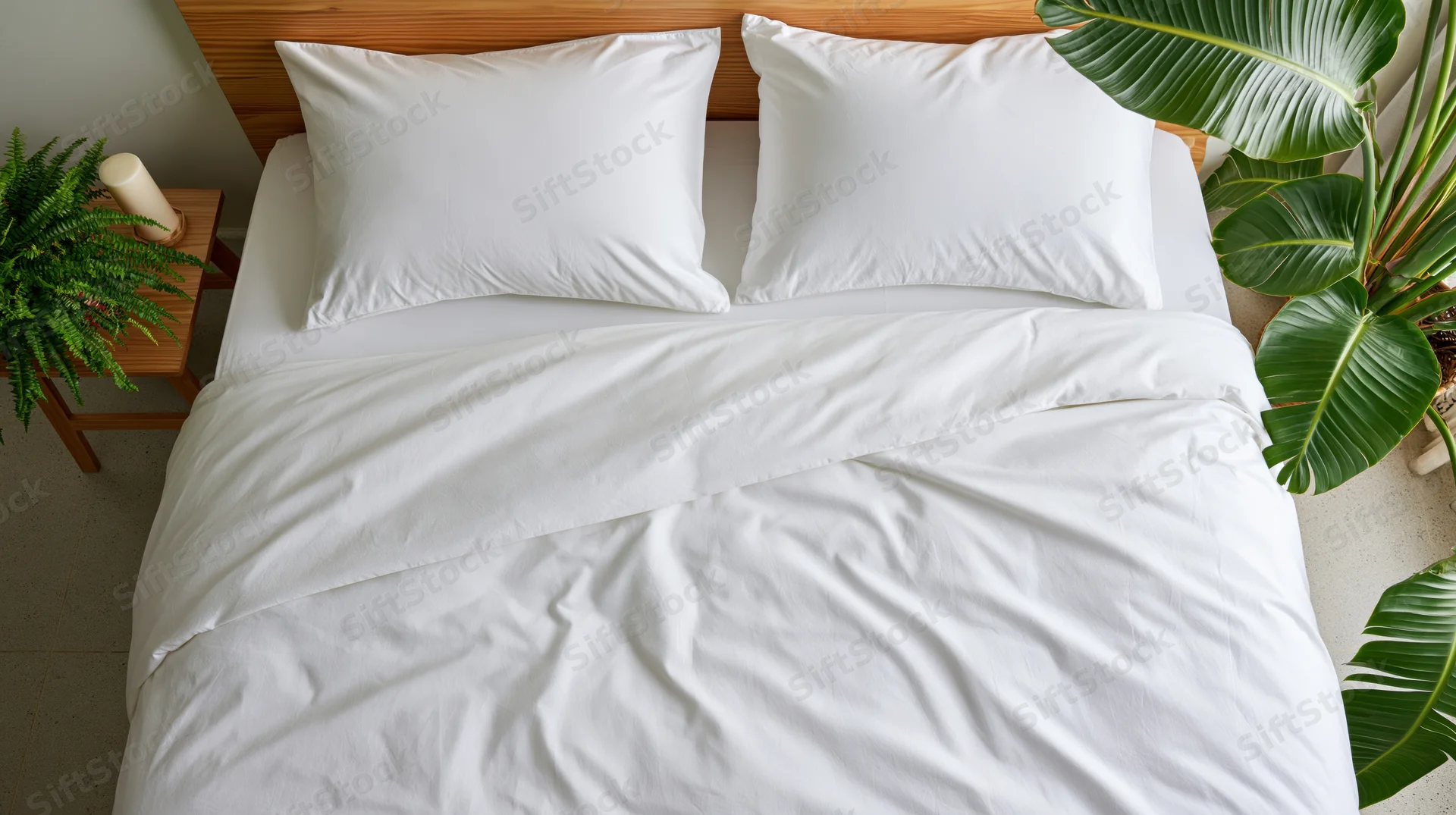 Overhead view of a neatly made double bed with white bedding and green plants beside it