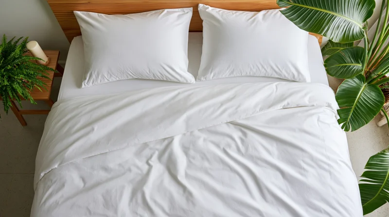Overhead view of a neatly made double bed with white bedding and green plants beside it