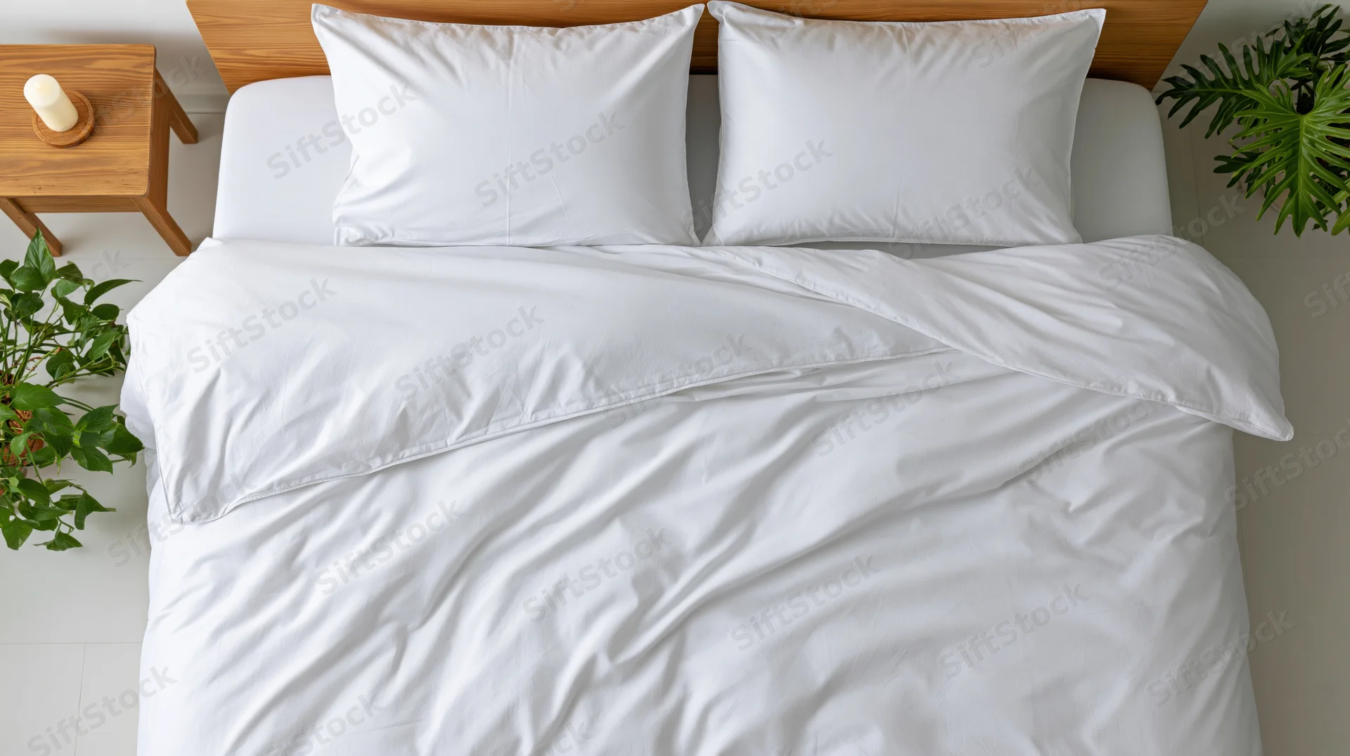 Overhead view of a neatly made double bed with white bedding and green plants beside it