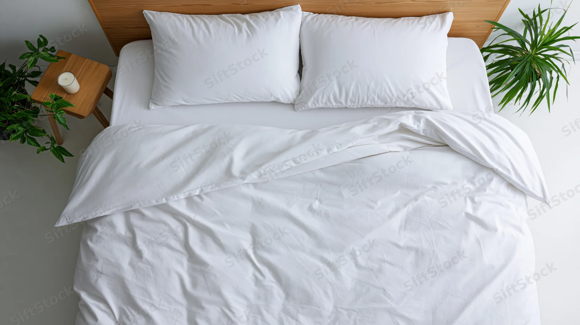Overhead view of a white bed with crisp bedding and green plants beside a wooden nightstand in a minimalist bedroom