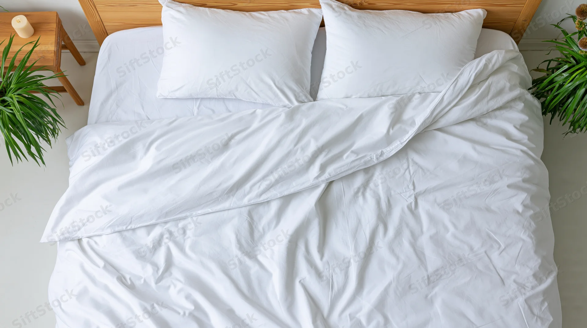 Overhead view of a white bed with crumpled sheets and pillows, flanked by plants and a nightstand in a minimalist bedroom