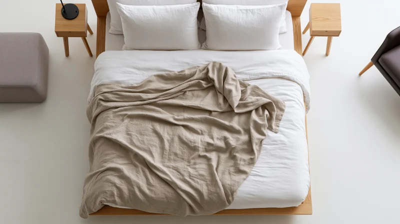 Overhead view of a double bed with white linens and beige duvet in a minimalist bedroom