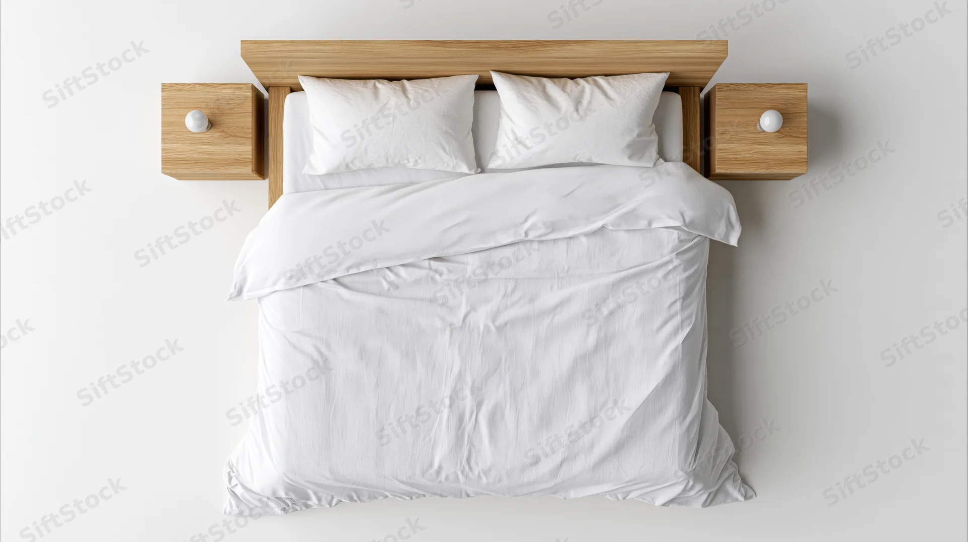 Overhead view of a double bed with white bedding and wooden headboard and nightstands in a minimalist bedroom