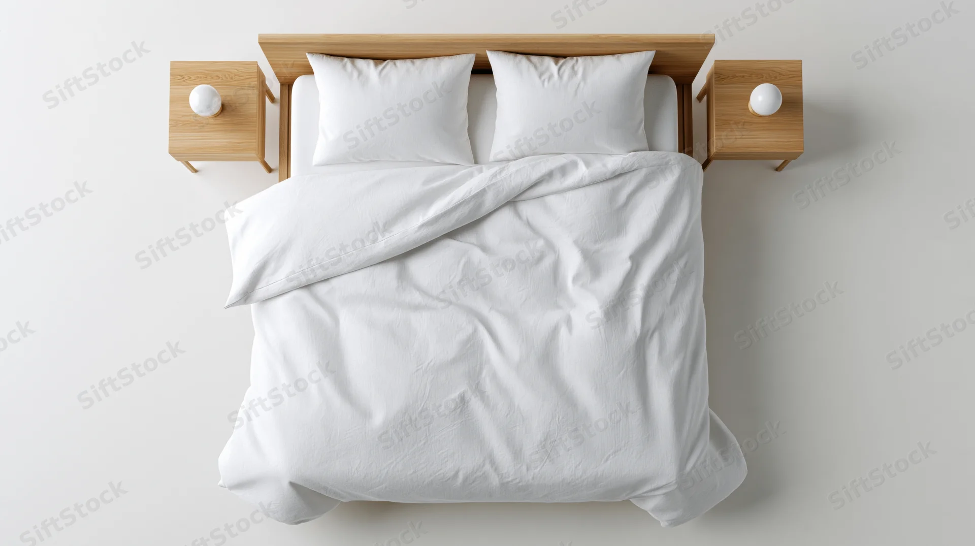 Overhead view of a neatly made double bed with white bedding and wooden furniture in a minimalist bedroom