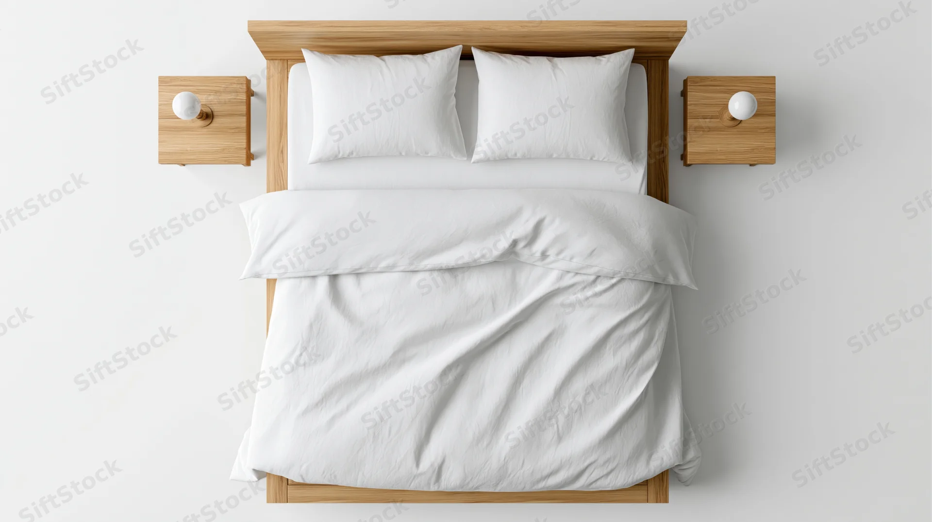 Overhead view of a neatly made double bed with white bedding and wooden furniture in a minimalist bedroom