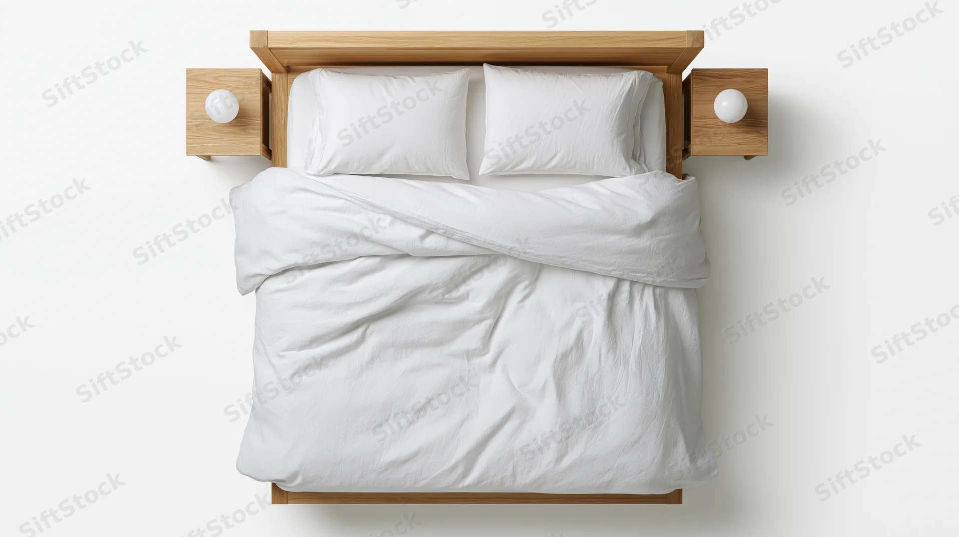 Overhead view of a neatly made double bed with white bedding and wooden headboard against white background