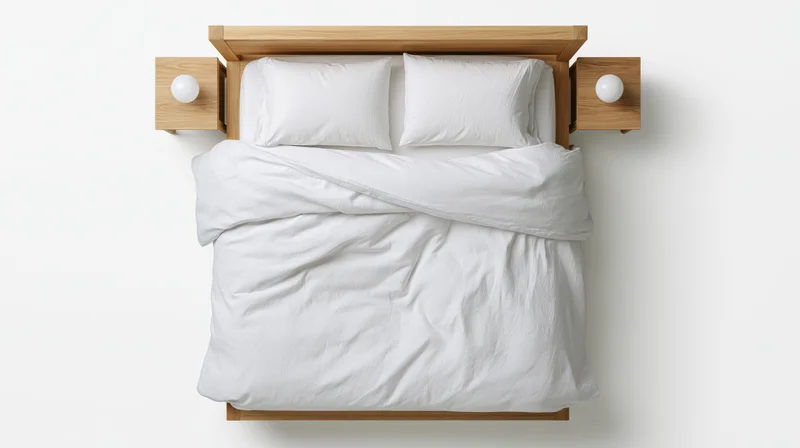 Overhead view of a neatly made double bed with white bedding and wooden headboard against white background