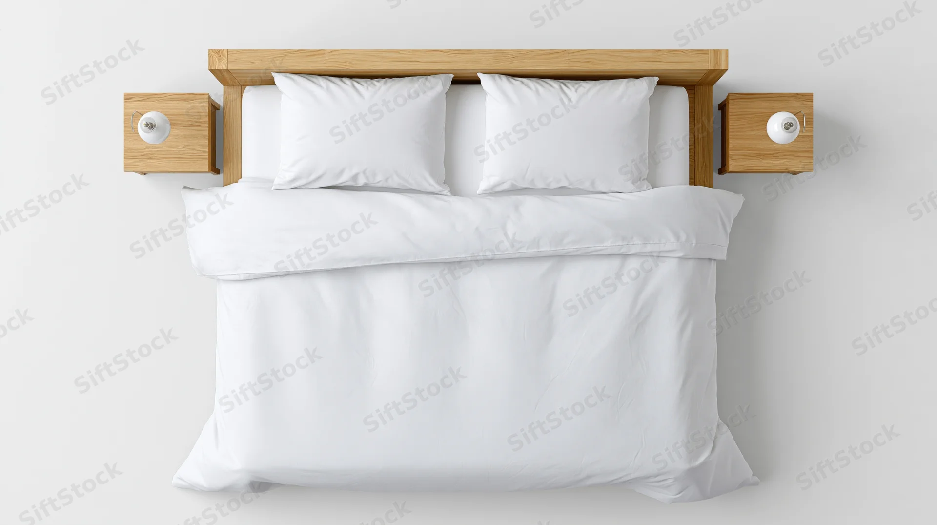 Overhead view of a neatly made double bed with white bedding and wooden headboard in a minimalist bedroom