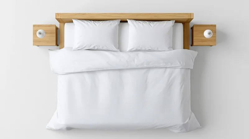 Overhead view of a neatly made double bed with white bedding and wooden headboard in a minimalist bedroom