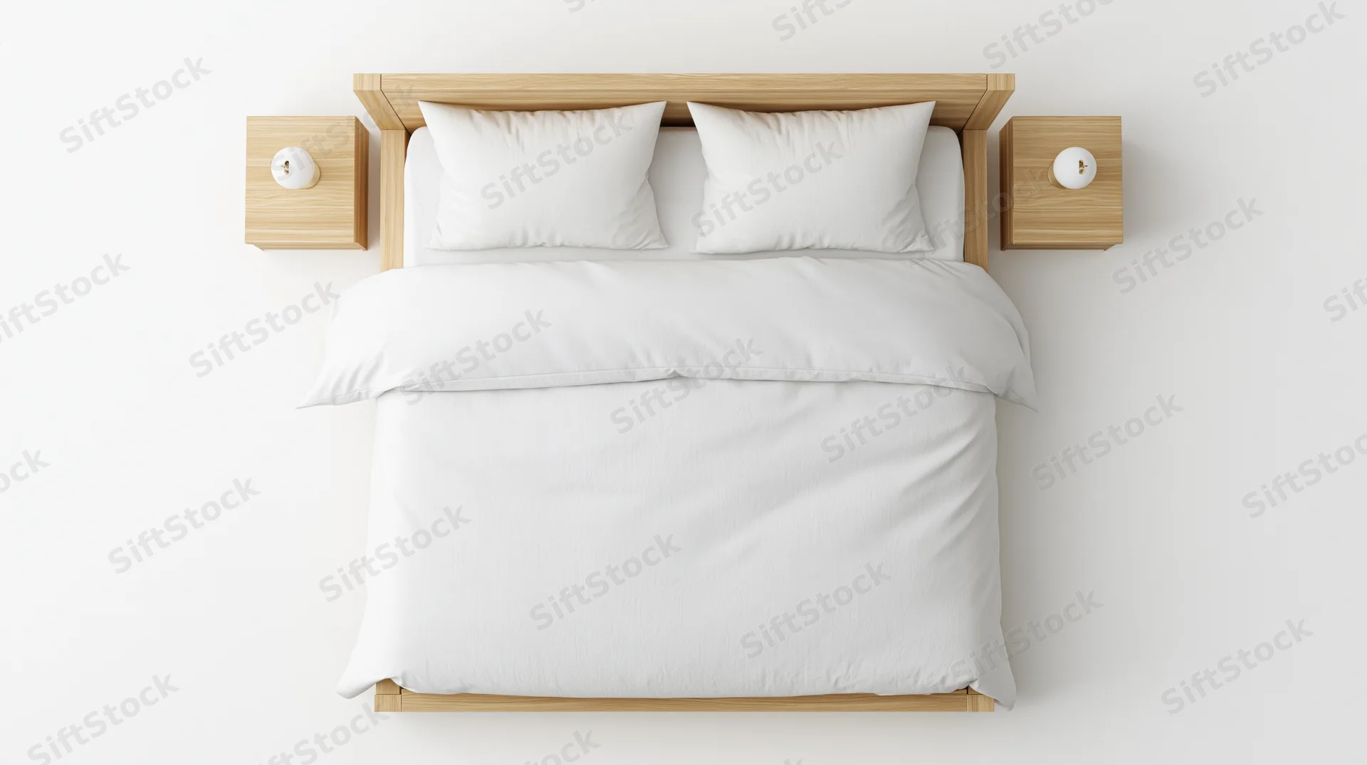 Overhead view of a neatly made double bed with white bedding and wooden headboard in a minimalist bedroom