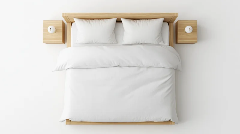 Overhead view of a neatly made double bed with white bedding and wooden headboard in a minimalist bedroom