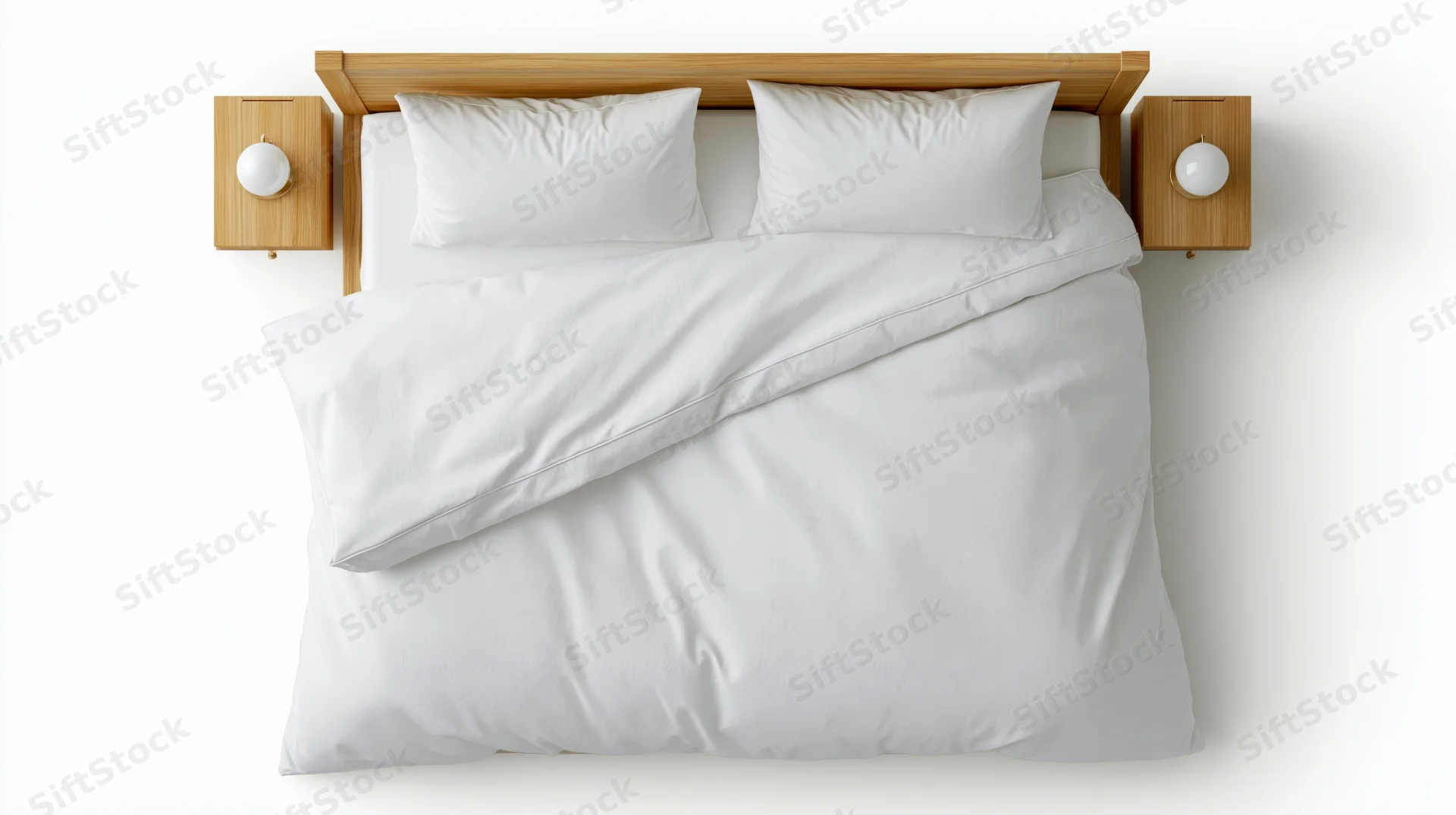 Overhead view of a neatly made double bed with white bedding and wooden headboard and nightstands