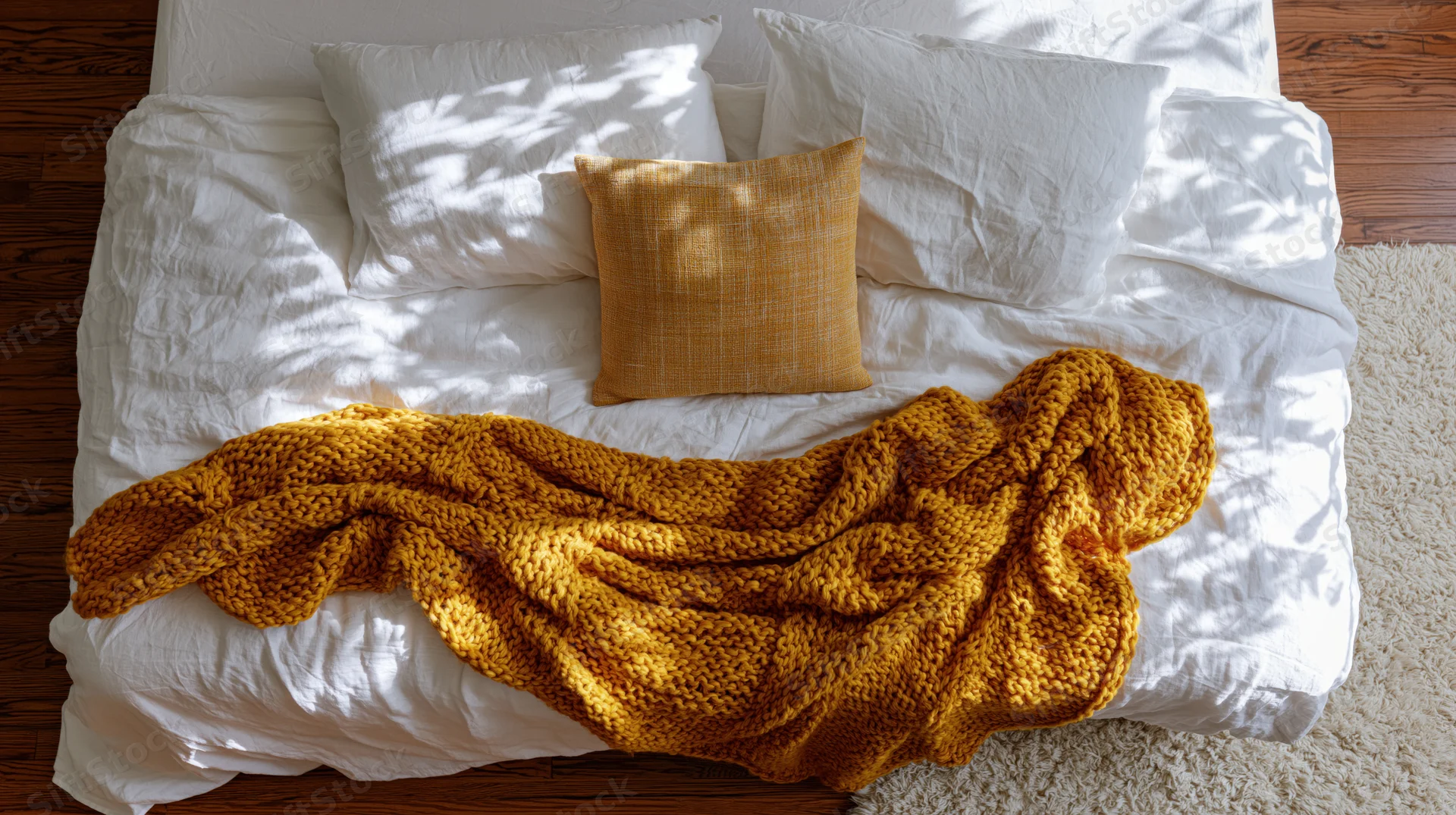 Unmade bed with white linen bedding and yellow knitted throw viewed from above