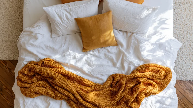 Unmade bed with white linen and mustard knitted blanket, overhead view in bedroom