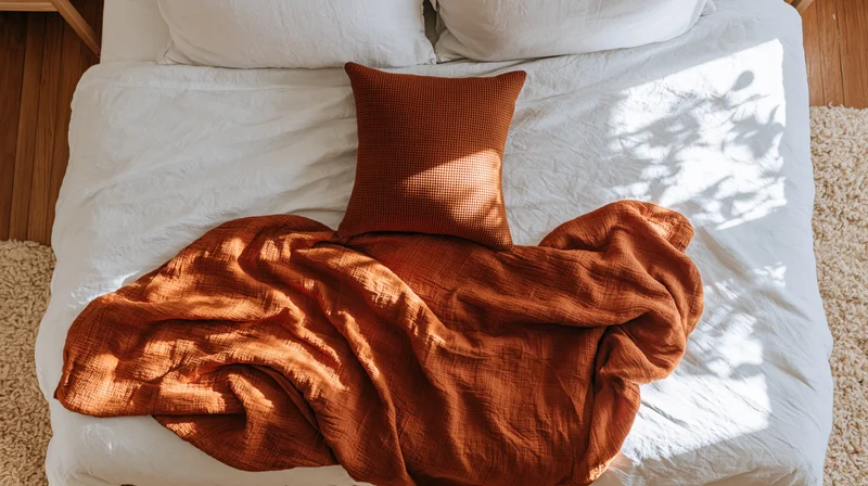 Overhead view of a bed with white linen bedding and orange throw blanket, sunlight casting leaf shadows on the sheets