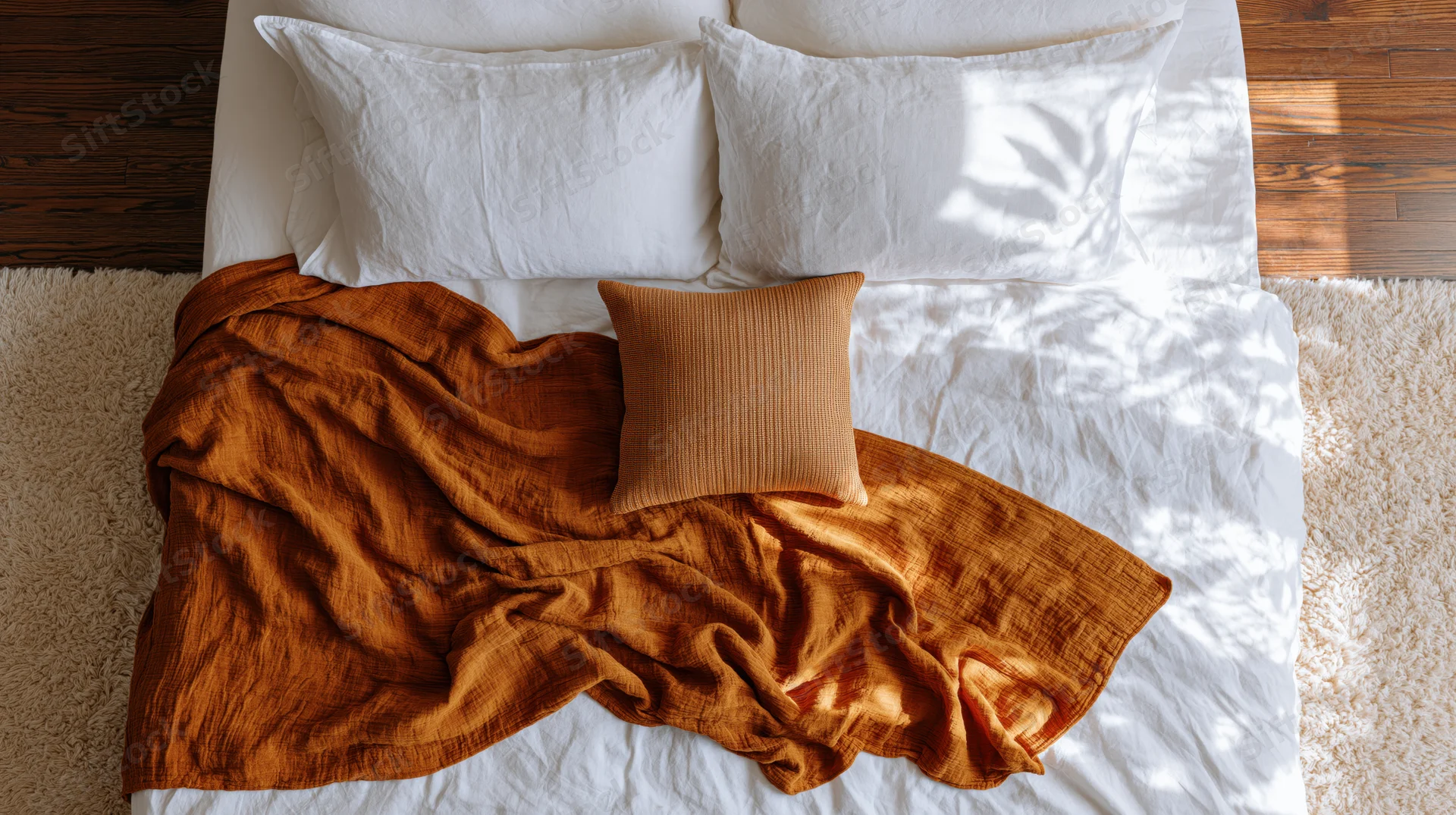 Overhead view of a bed with white linen and orange duvet on a wooden floor with a shag rug