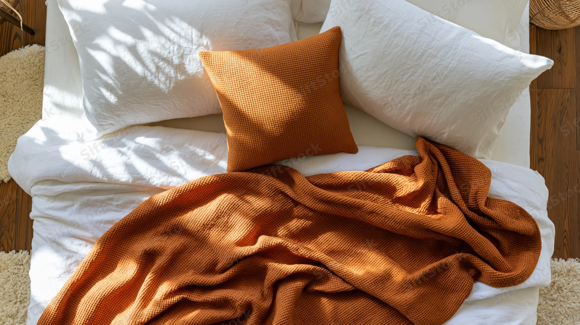 Overhead view of a bed with white linen and orange waffle-textured blanket and pillow, arranged neatly on wooden floor with sunlight casting shadows