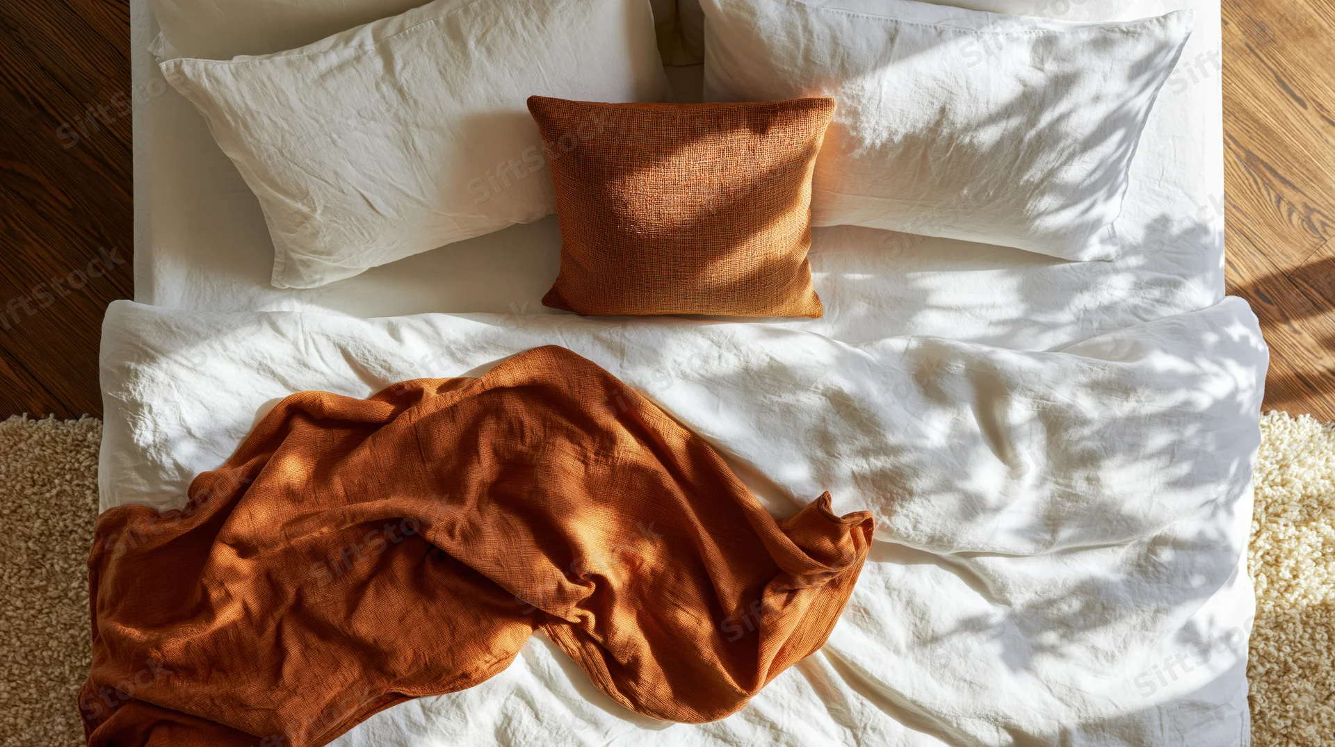Overhead view of a bed with white linen sheets and orange throw blanket, sunlight casting leaf shadows on the bedding