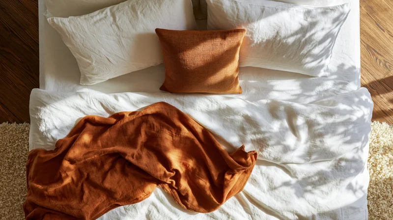 Overhead view of a bed with white linen sheets and orange throw blanket, sunlight casting leaf shadows on the bedding