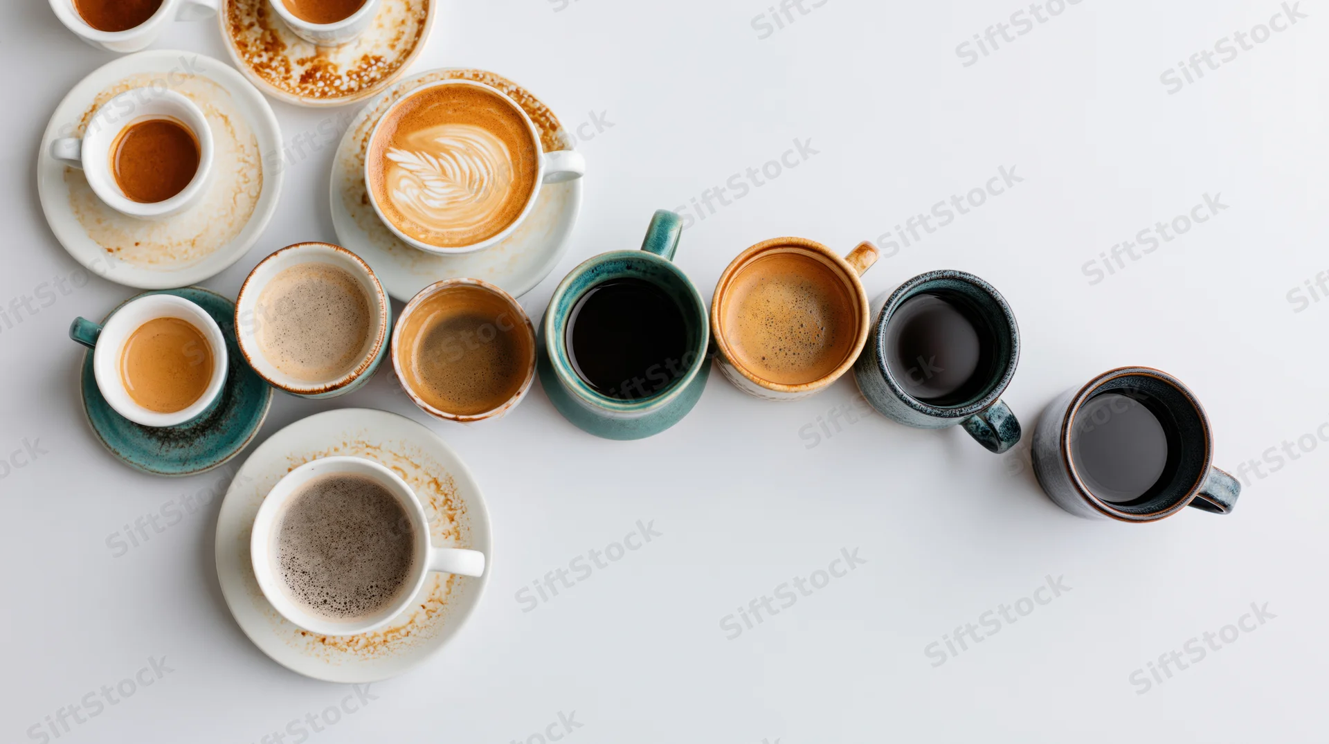 Ten assorted coffee cups arranged in a diagonal line on a white surface, some with latte art, others empty or with residue, viewed from above