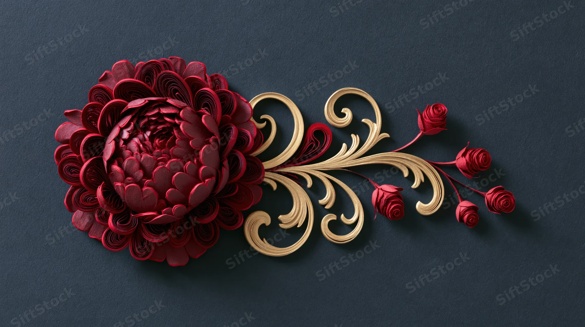 Paper quilling art featuring a large crimson peony with gold swirls and small buds on a dark textured surface