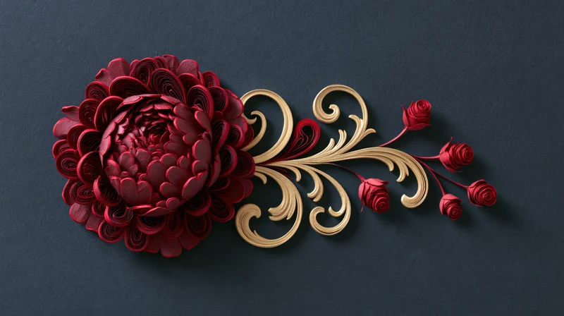 Paper quilling art featuring a large crimson peony with gold swirls and small buds on a dark textured surface