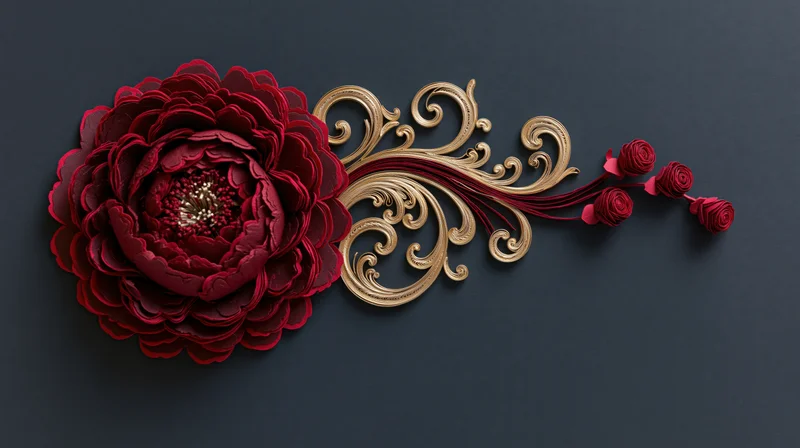Large crimson paper quilled peony with gold filigree swirls and small roses on dark background