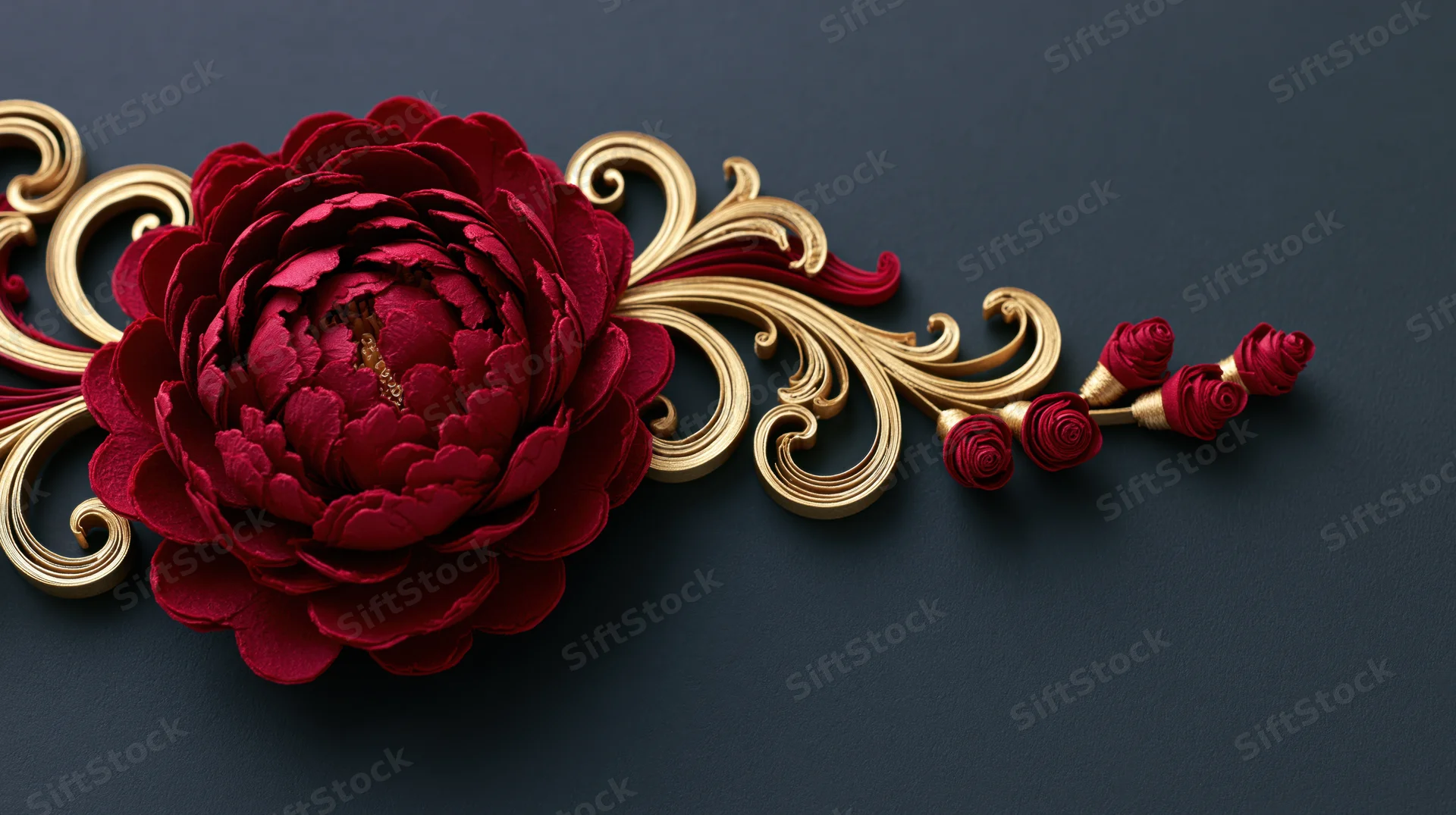 Paper quilling peony with gold scrollwork on dark surface