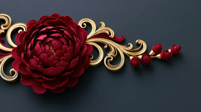 Paper quilling peony with gold scrollwork on dark surface