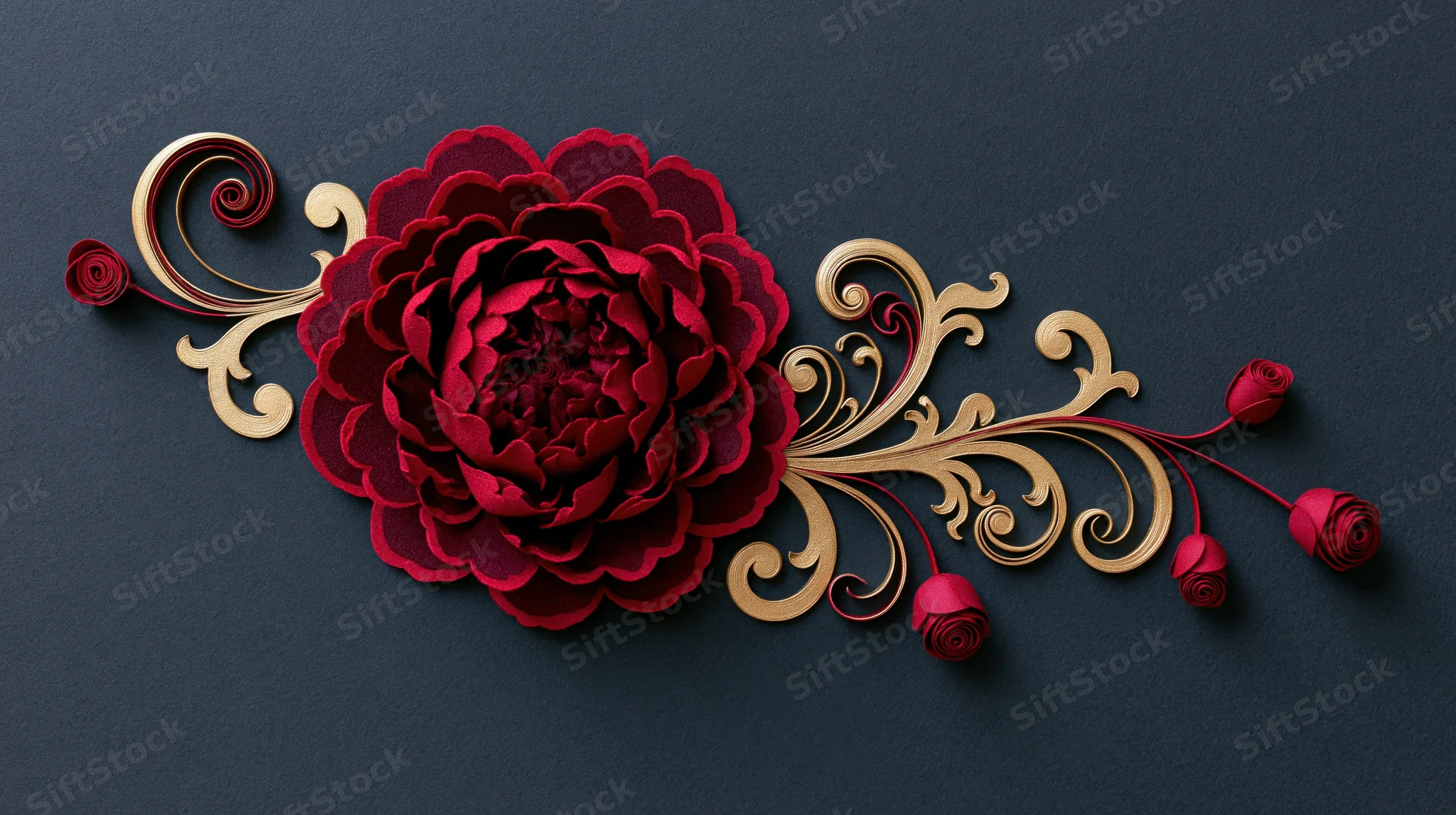 Paper quilling peony with gold swirls on dark background