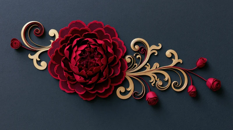 Paper quilling peony with gold swirls on dark background