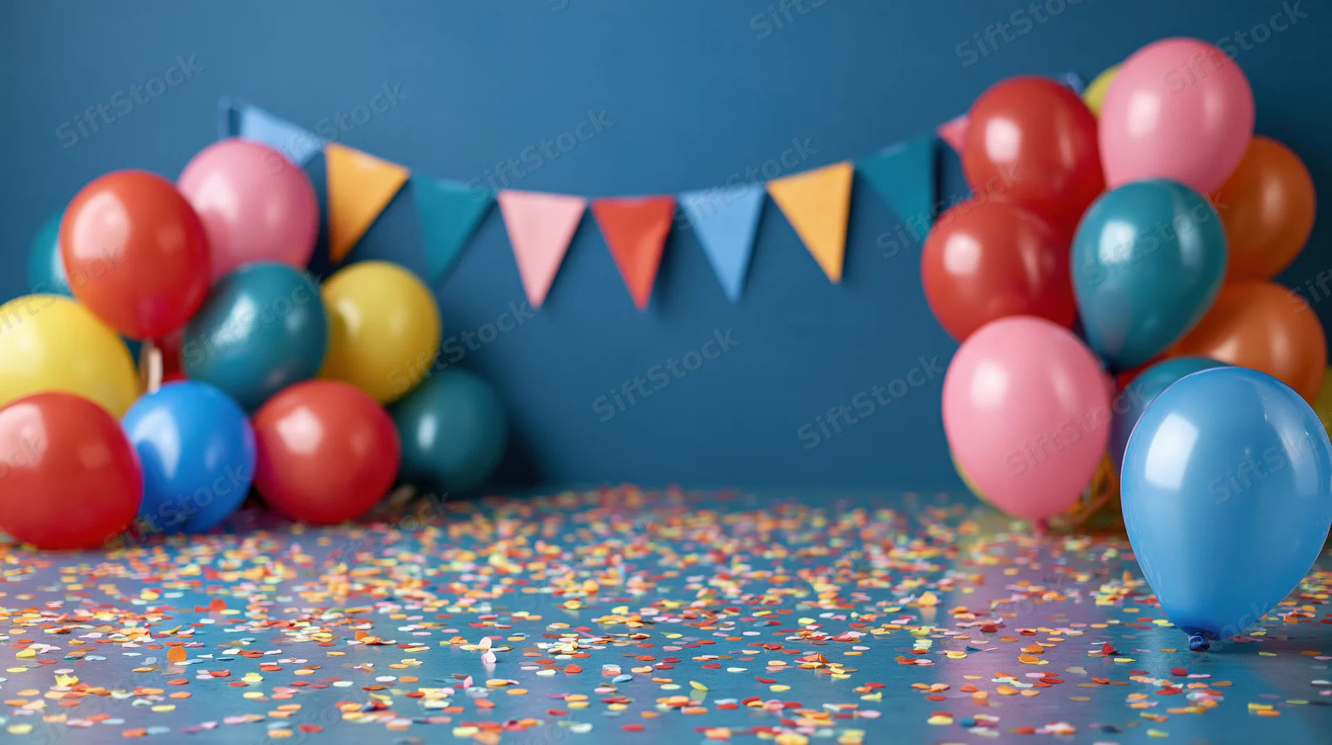 Colorful balloons and confetti on blue floor with triangular banner above