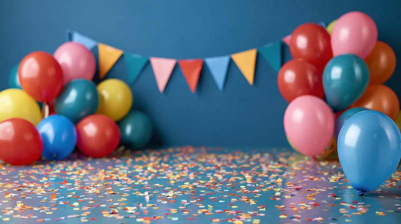 Colorful balloons and confetti on blue floor with triangular banner above