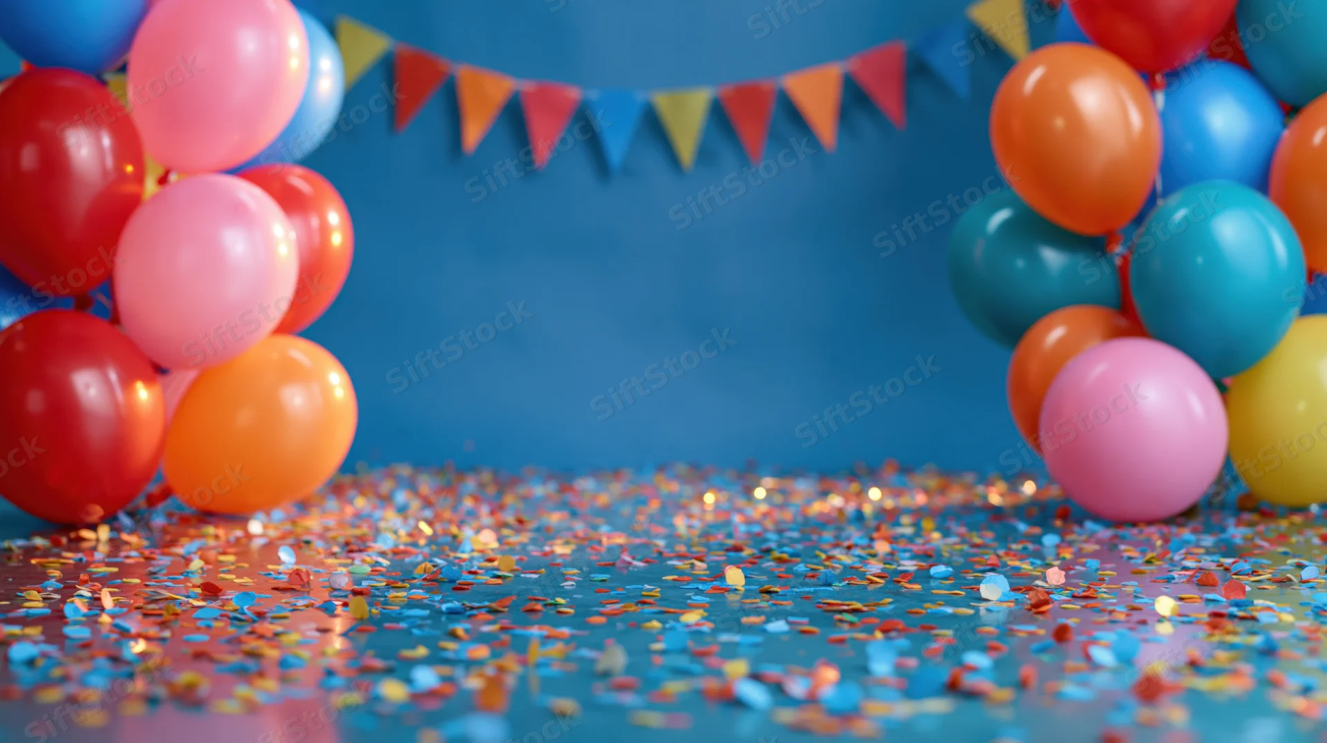 Colorful balloons and confetti scattered on a blue floor with a pennant banner above, creating a festive party scene with copyspace in the center