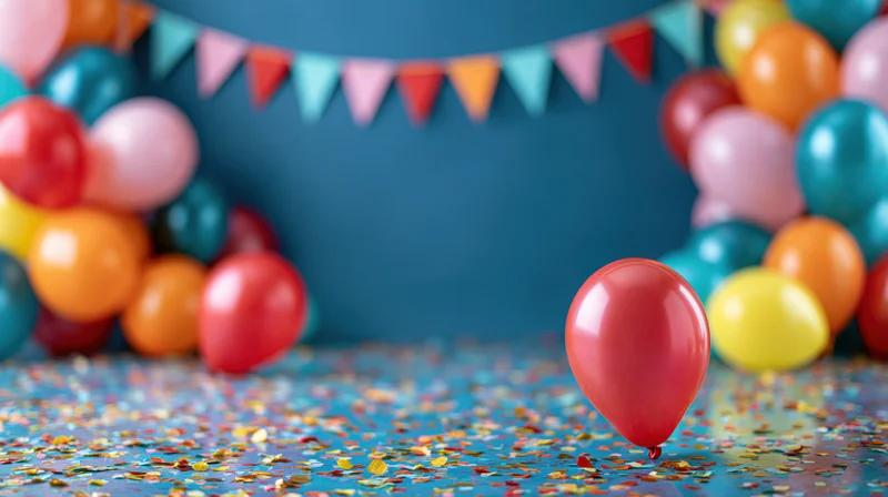 Colorful balloons and confetti on a blue surface with banner decorations for a party celebration
