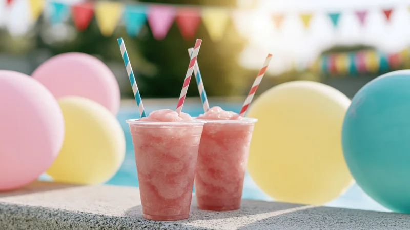 Two pink slushy drinks in plastic cups with striped straws on a concrete ledge surrounded by colorful balloons and party bunting outdoors