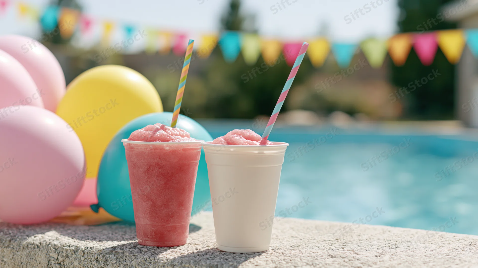 Two slushy drinks in plastic cups with striped straws on a poolside ledge beside colorful balloons and festive banners