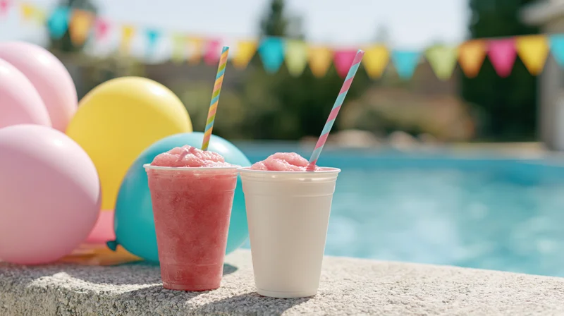 Two slushy drinks in plastic cups with striped straws on a poolside ledge beside colorful balloons and festive banners