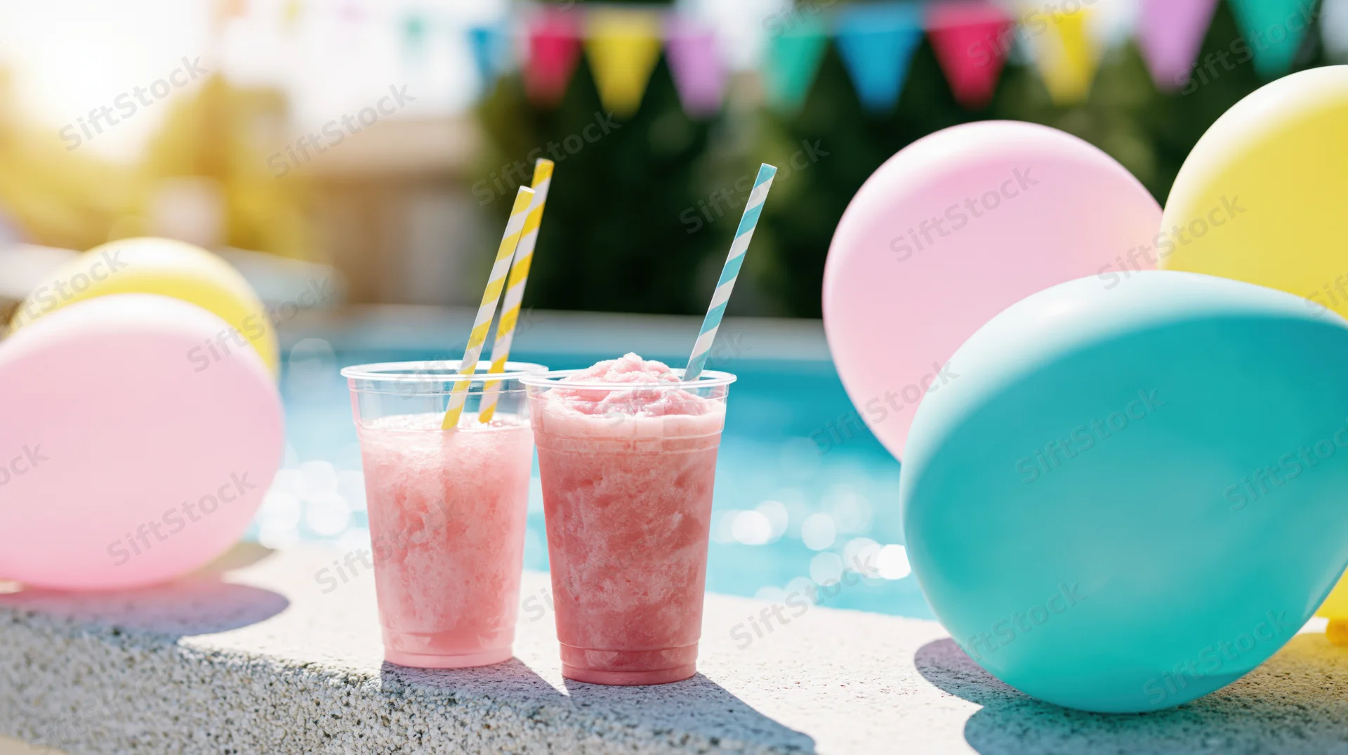 Two pink slushy drinks in plastic cups with striped straws on a poolside ledge surrounded by colorful balloons and party bunting
