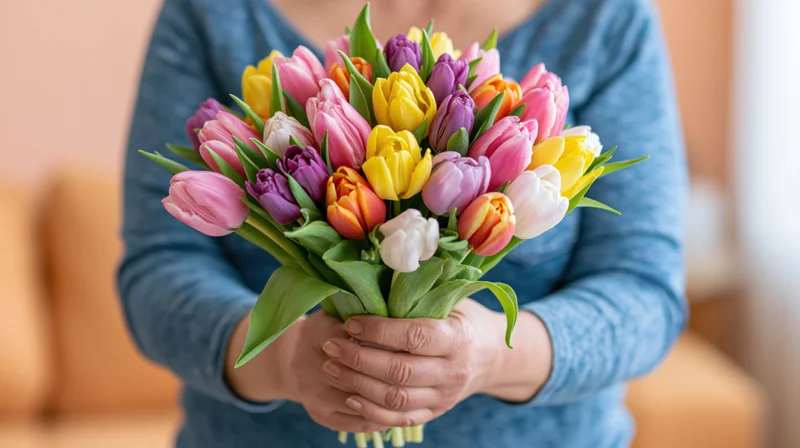 Woman holding a colorful bouquet of mixed tulips in her hands indoors