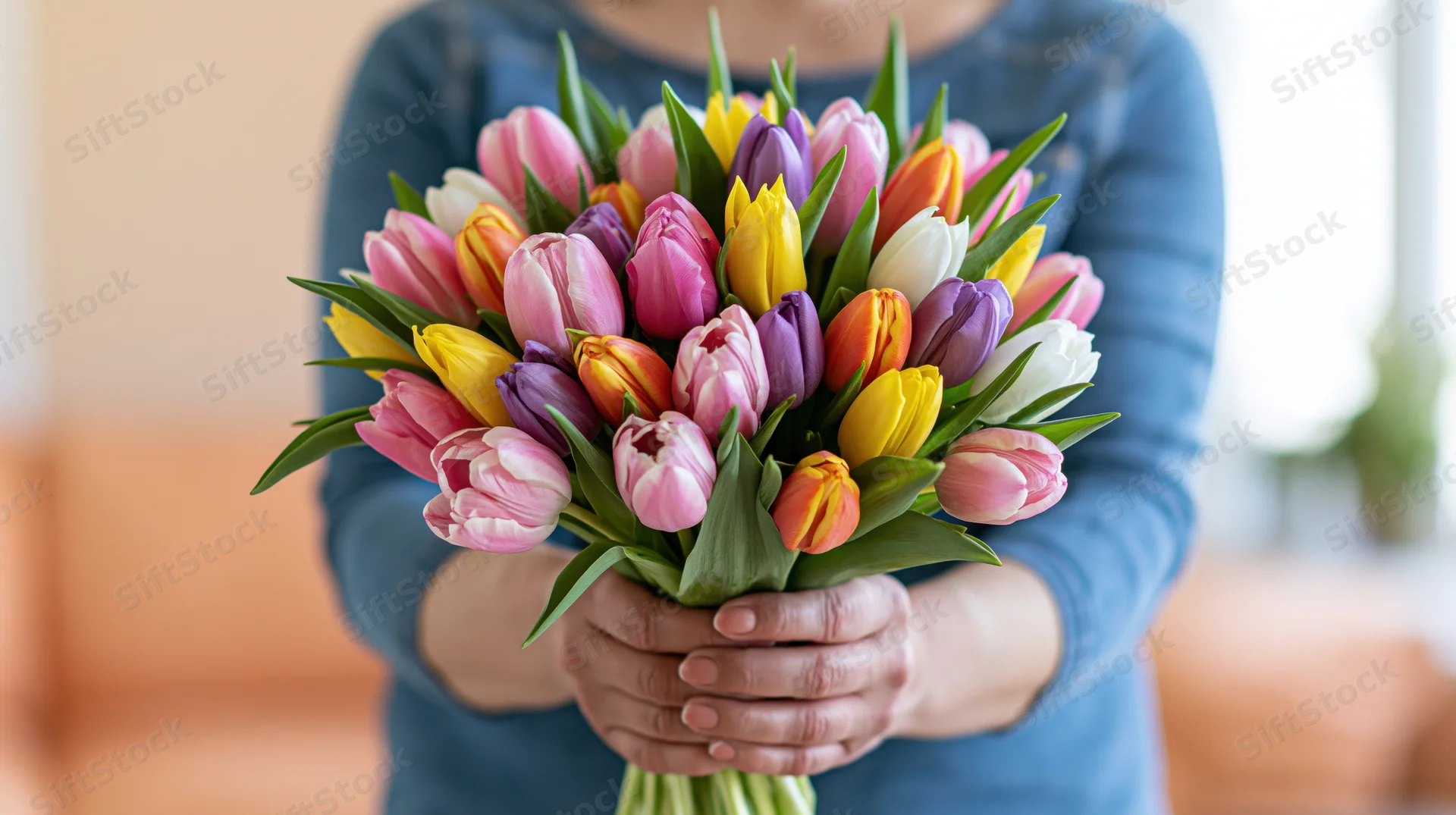 Woman holding a colorful bouquet of mixed tulips indoors