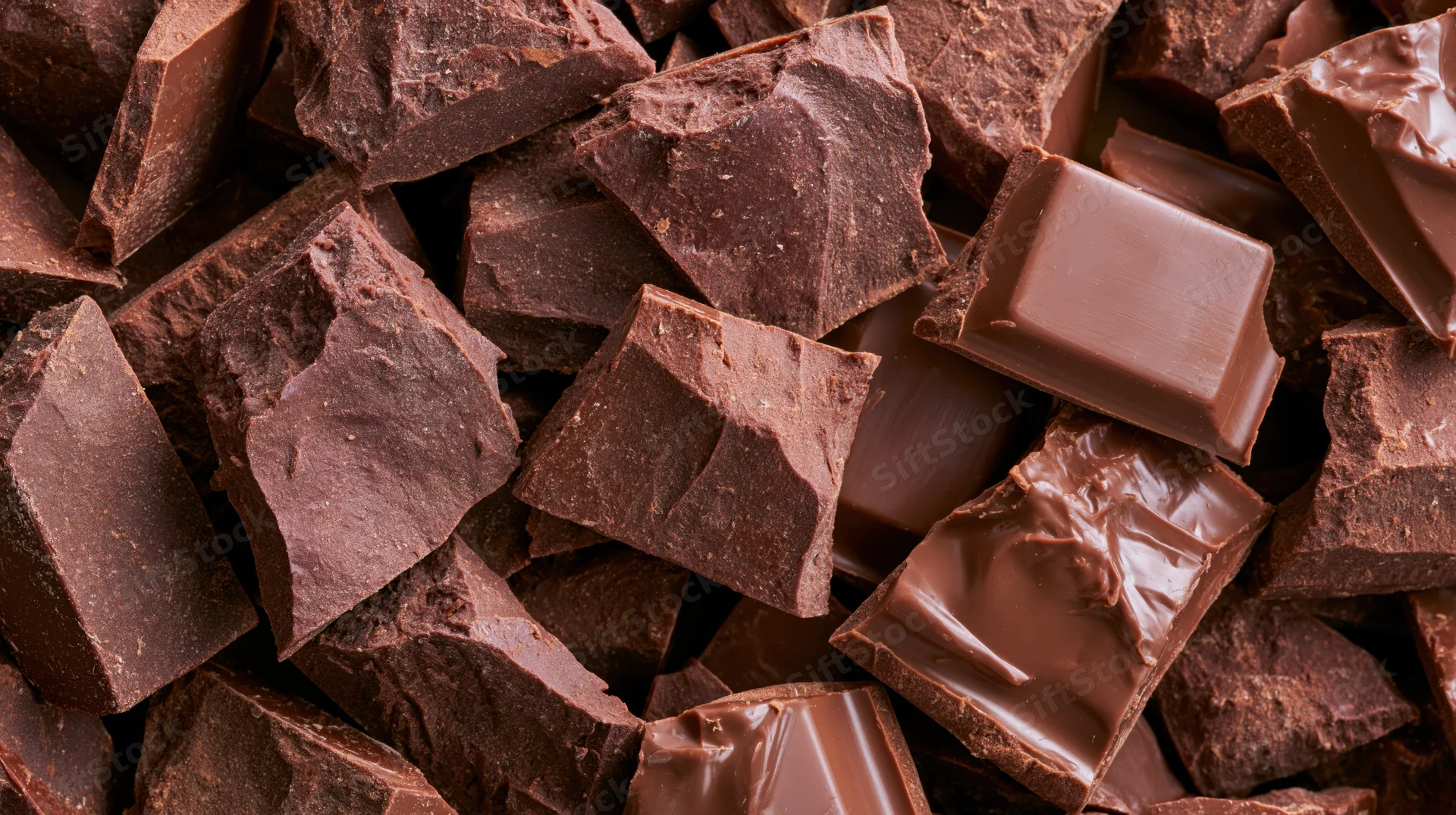 Broken milk chocolate pieces piled together filling the frame