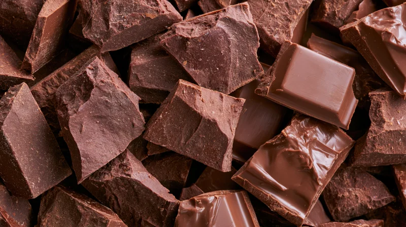 Broken milk chocolate pieces piled together filling the frame