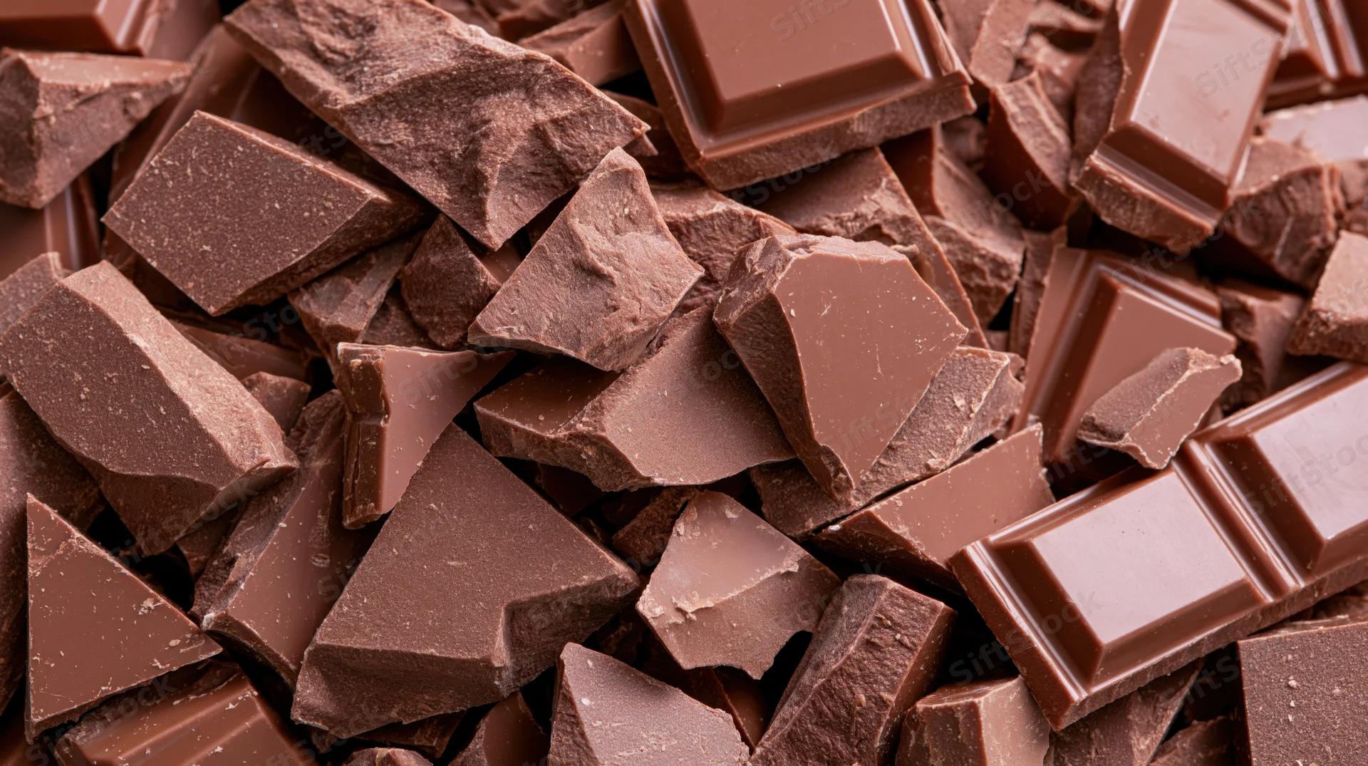 Broken milk chocolate pieces piled together in closeup view