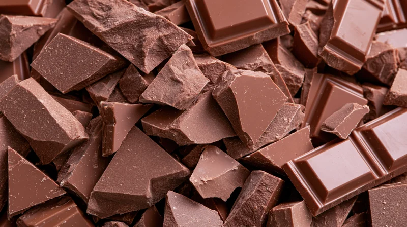 Pile of broken milk chocolate pieces filling the frame