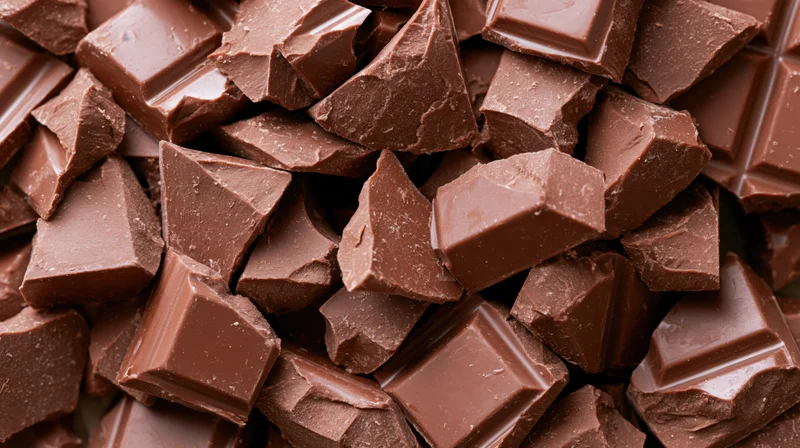 Broken milk chocolate pieces piled together in a closeup view