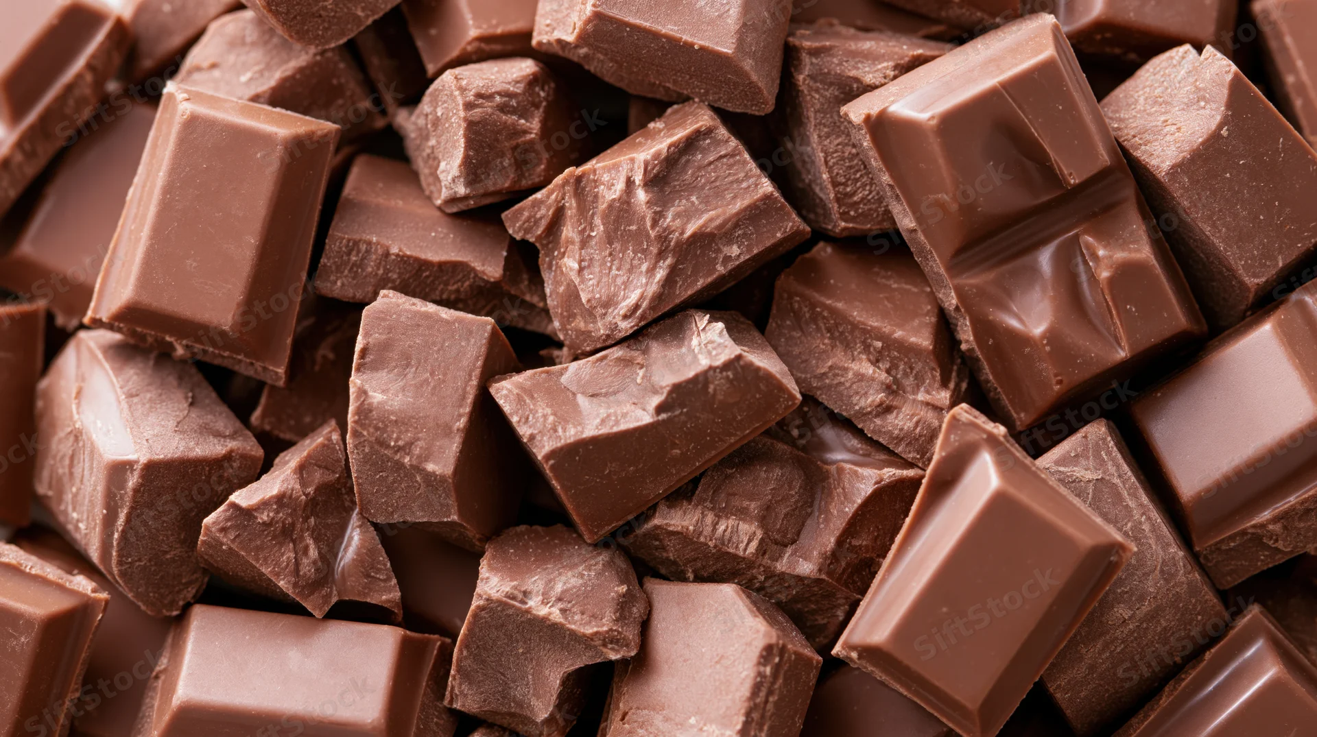 Broken milk chocolate pieces piled together filling the frame